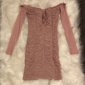 Tiger Mist Blush off the shoulder pleaded dress